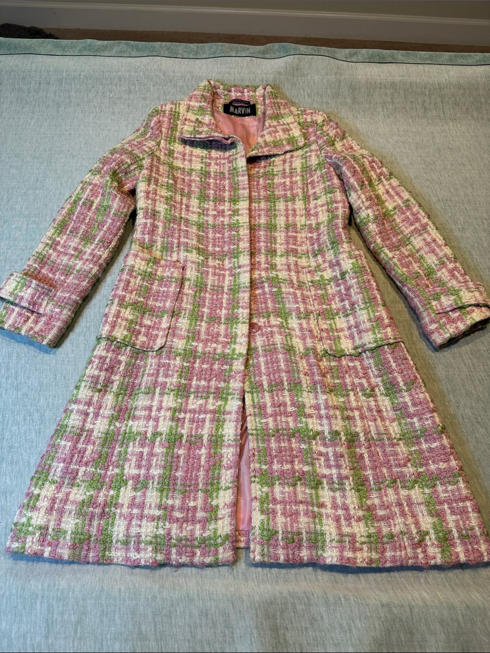 Marvin Richards Pink and Green Tweed Trench Vintage Coat